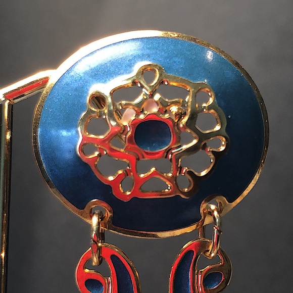 Berébi cerulean enameled pierced dangle earrings. EUC - 3” x 1” Unique Stamped - Picture 8 of 11